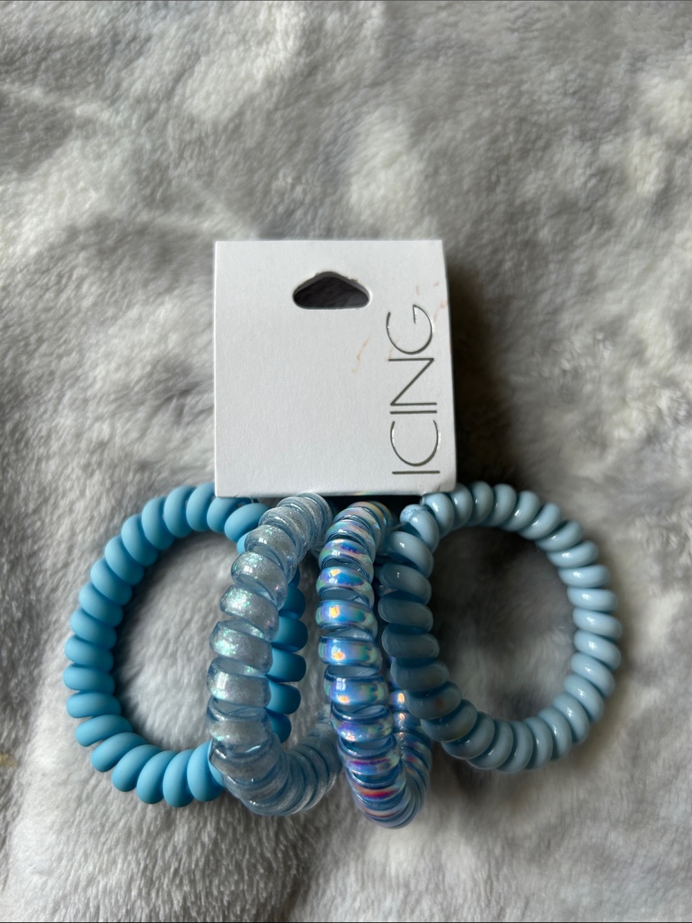 Icing Blue Spiral Phone Cord Hair Ties - Light & Iridescent Blue Set